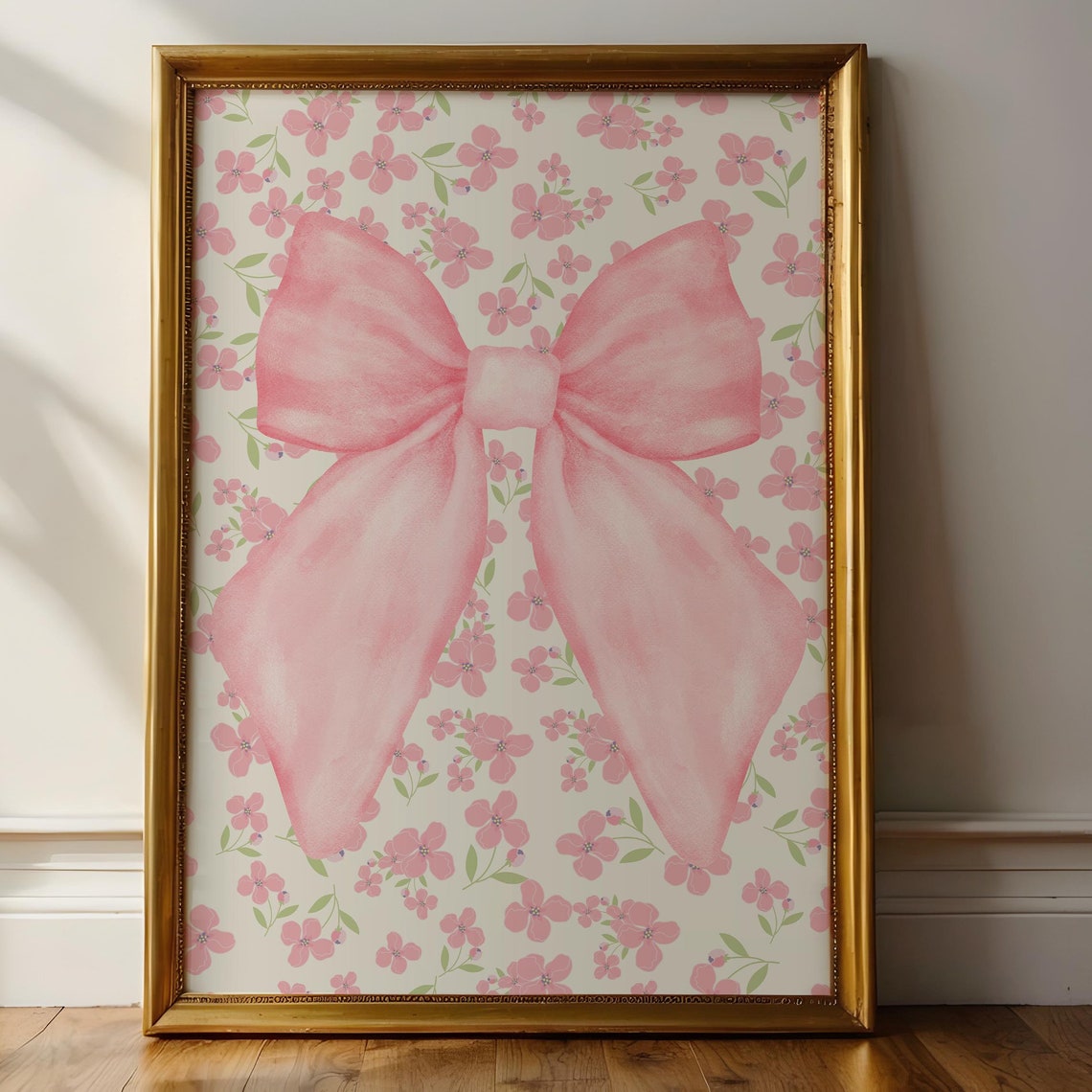 Pink Bow Watercolor Pink Floral Pattern Coquette Nursery Wall Art
