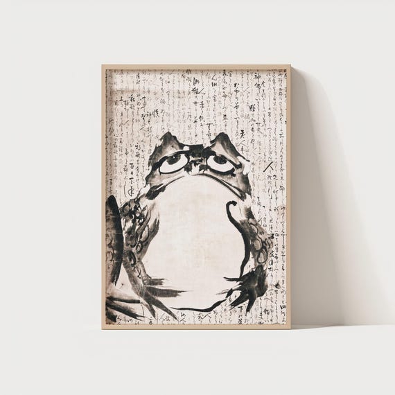 Toad Ink Drawing Wall Art Vintage Frog Illustration With Japanese Script Zen Minimalist 300 Dpi