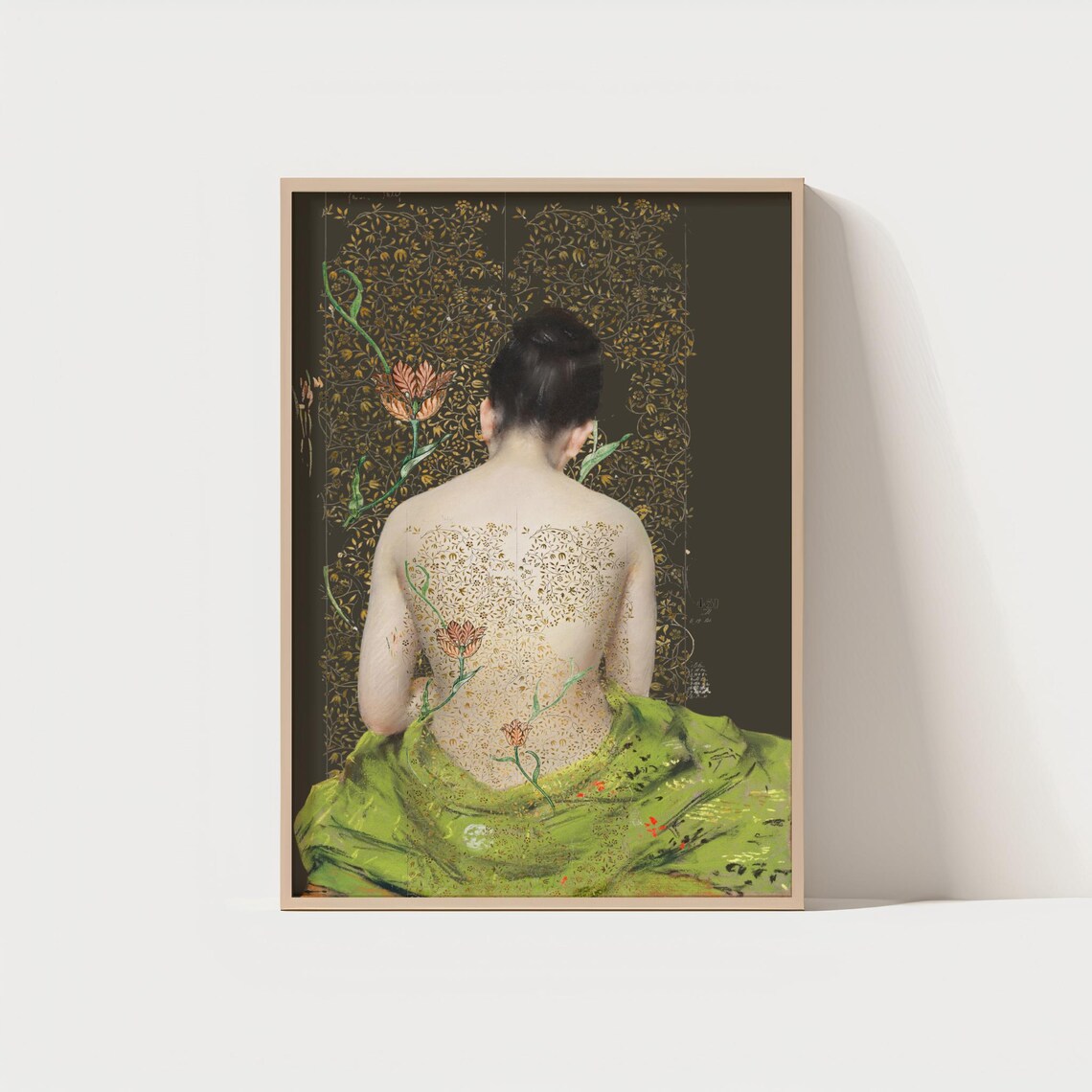 Art Nouveau Woman With Floral Tattoo Back Modern Elegant Wall Print