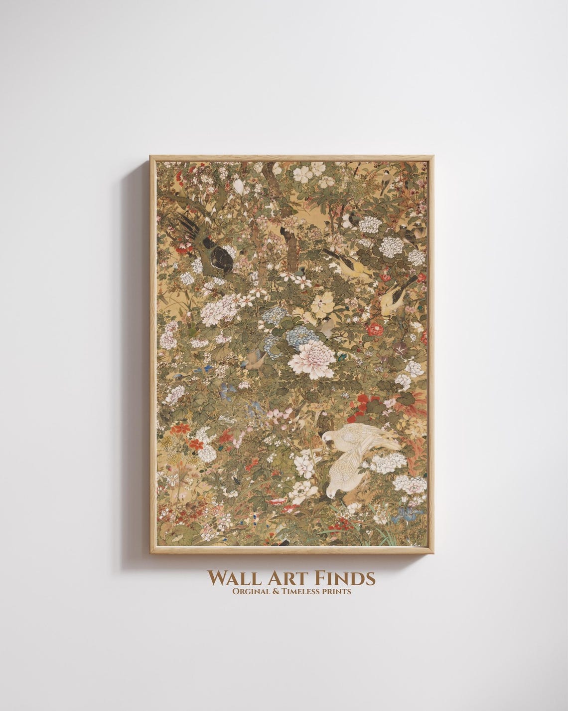 Antique Chinese Floral Bird Garden Dense Blossom Botanical Art Print