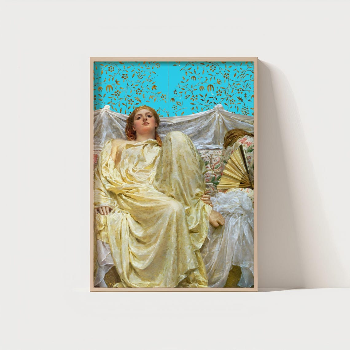 Reclining Classical Goddess in Draped Yellow Gown Vintage Art Poster