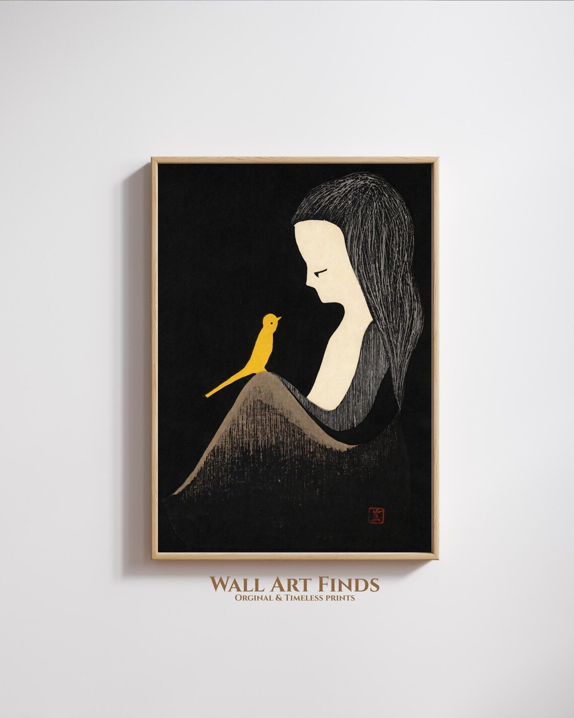 Japanese Woman with Small Yellow Bird Minimalist Black Art Poster
