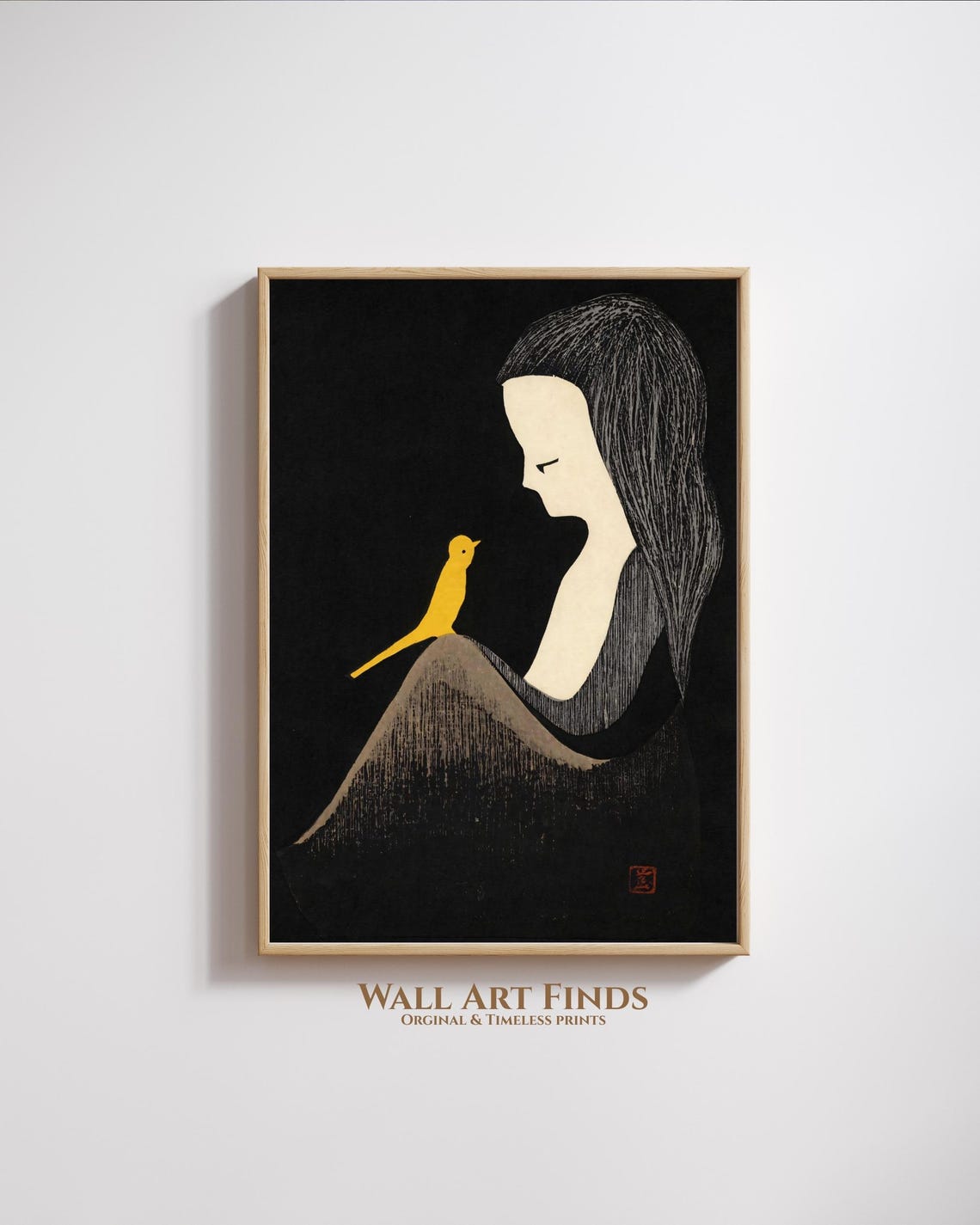 Minimalist Japanese Girl Bird Art Print Wabi Sabi Style Wall Decor Zen Inspired 300 Dpi