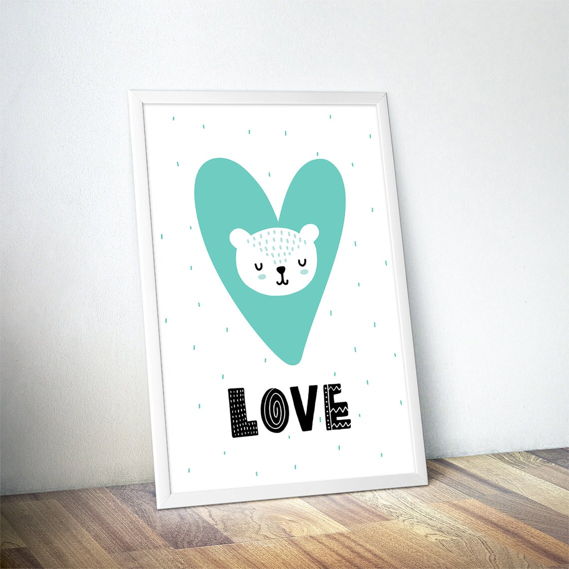 Teal Heart Sleeping Bear Love Nursery Poster Cute Baby Room Kids Decor - Image 4