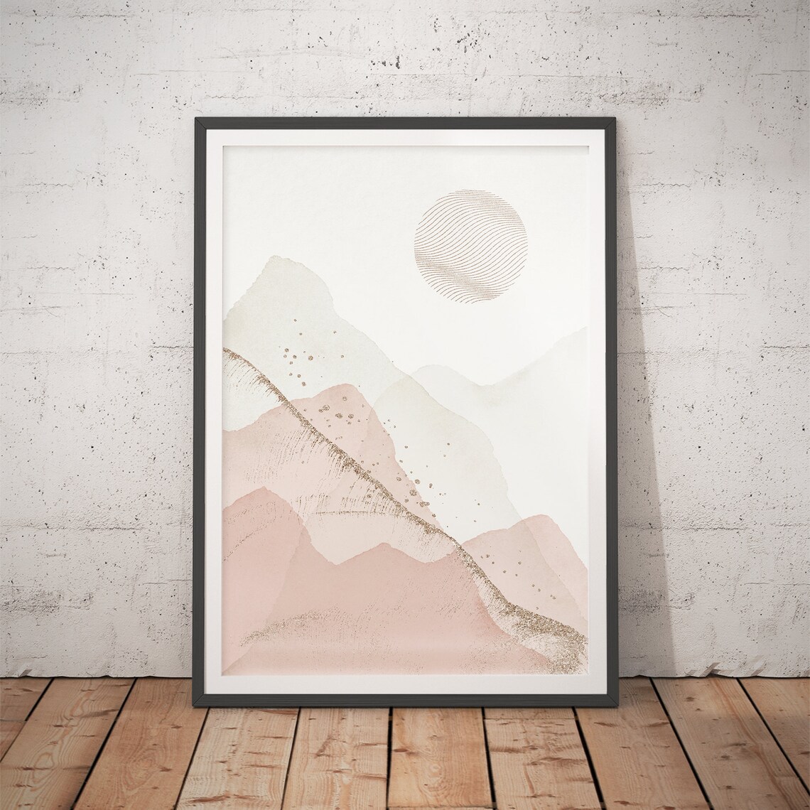 Blush Mountains Striped Sun Gold Streak Minimalist Art Poster