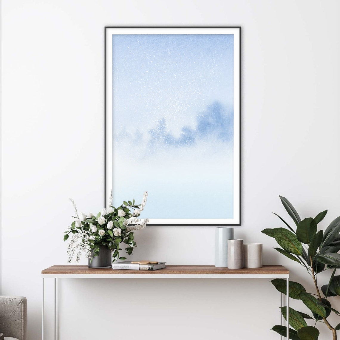 Foggy Winter Forest In Mist Pale Blue Watercolor Print Decor - Image 2