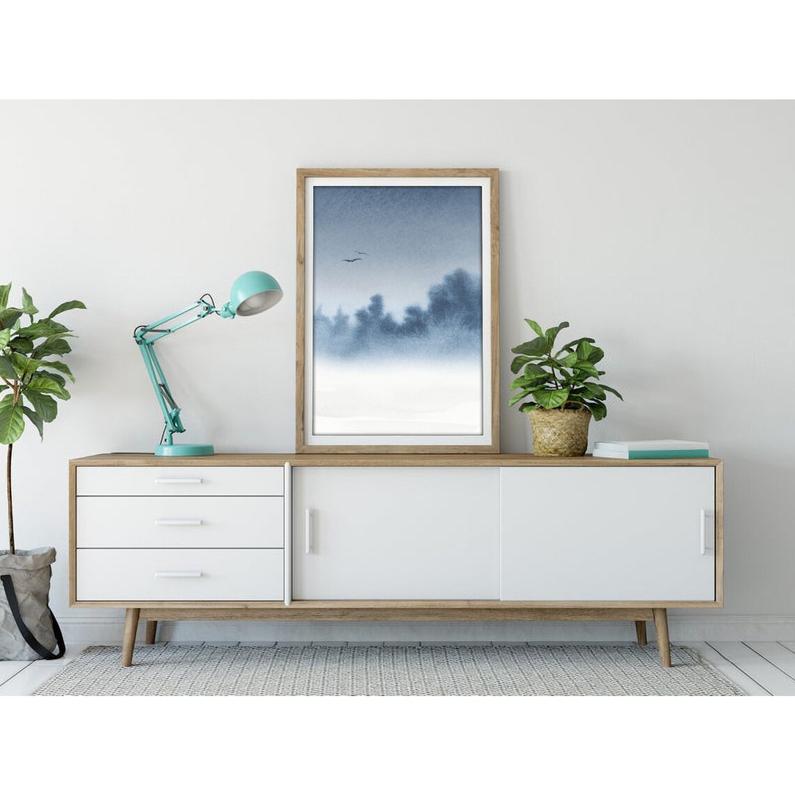 Misty Blue Forest Two Birds Flying Watercolor Landscape Poster - Image 3