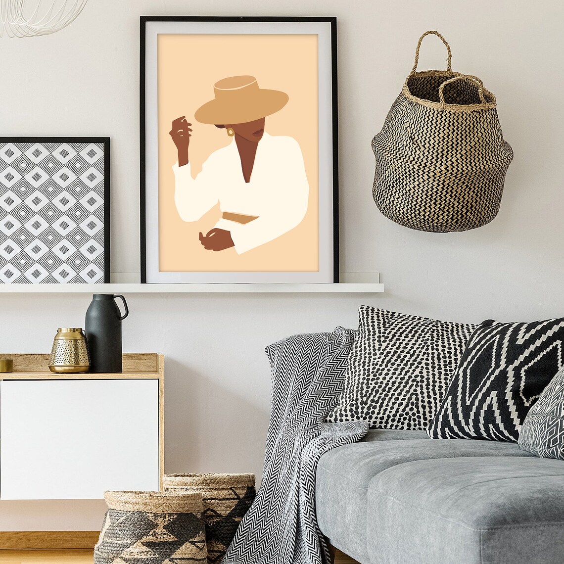 Black Woman in Wide Brim Straw Hat Minimalist Fashion Art Poster - Image 2