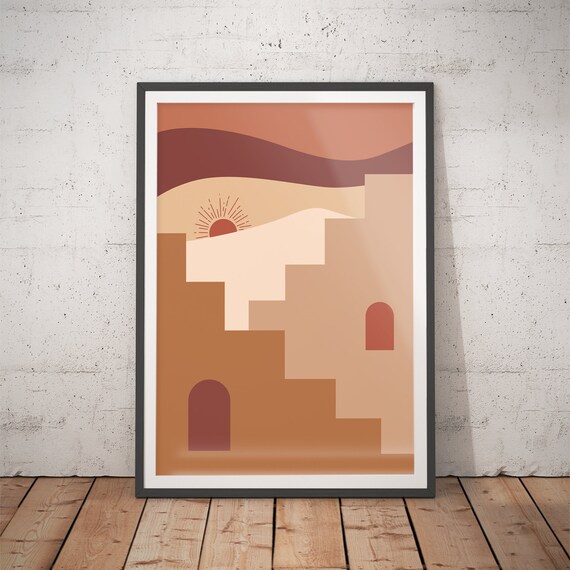 Terracotta Pueblo Steps with Small Sun Southwest Desert Scene Poster