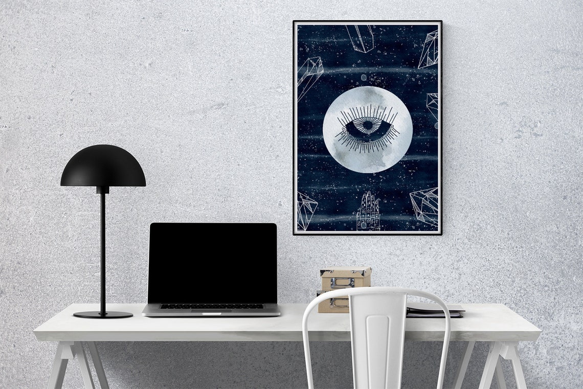 All Seeing Eye Moon Celestial Watercolor Navy Astrology Wall Art - Image 3