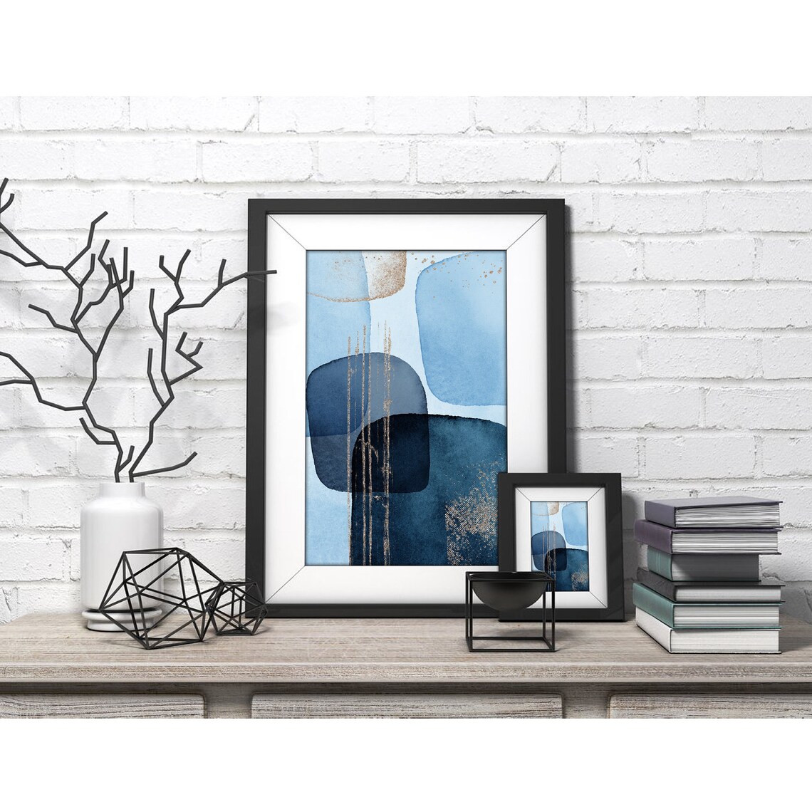 Blue Abstract Watercolor Shapes Gold Lines Modern Decor Poster - Image 4