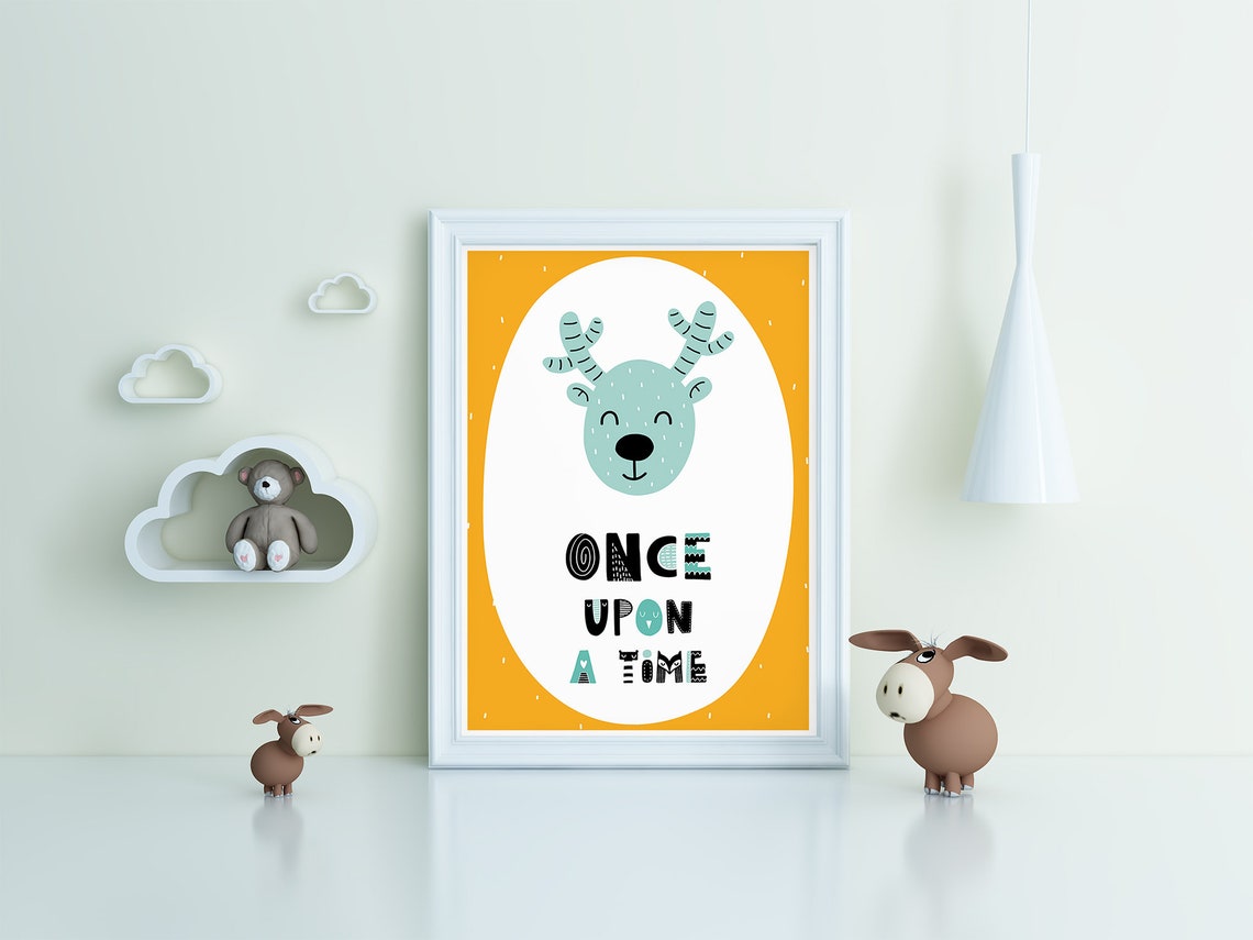 Once Upon A Time Happy Smiling Deer Mustard Nursery Art Poster - Image 3