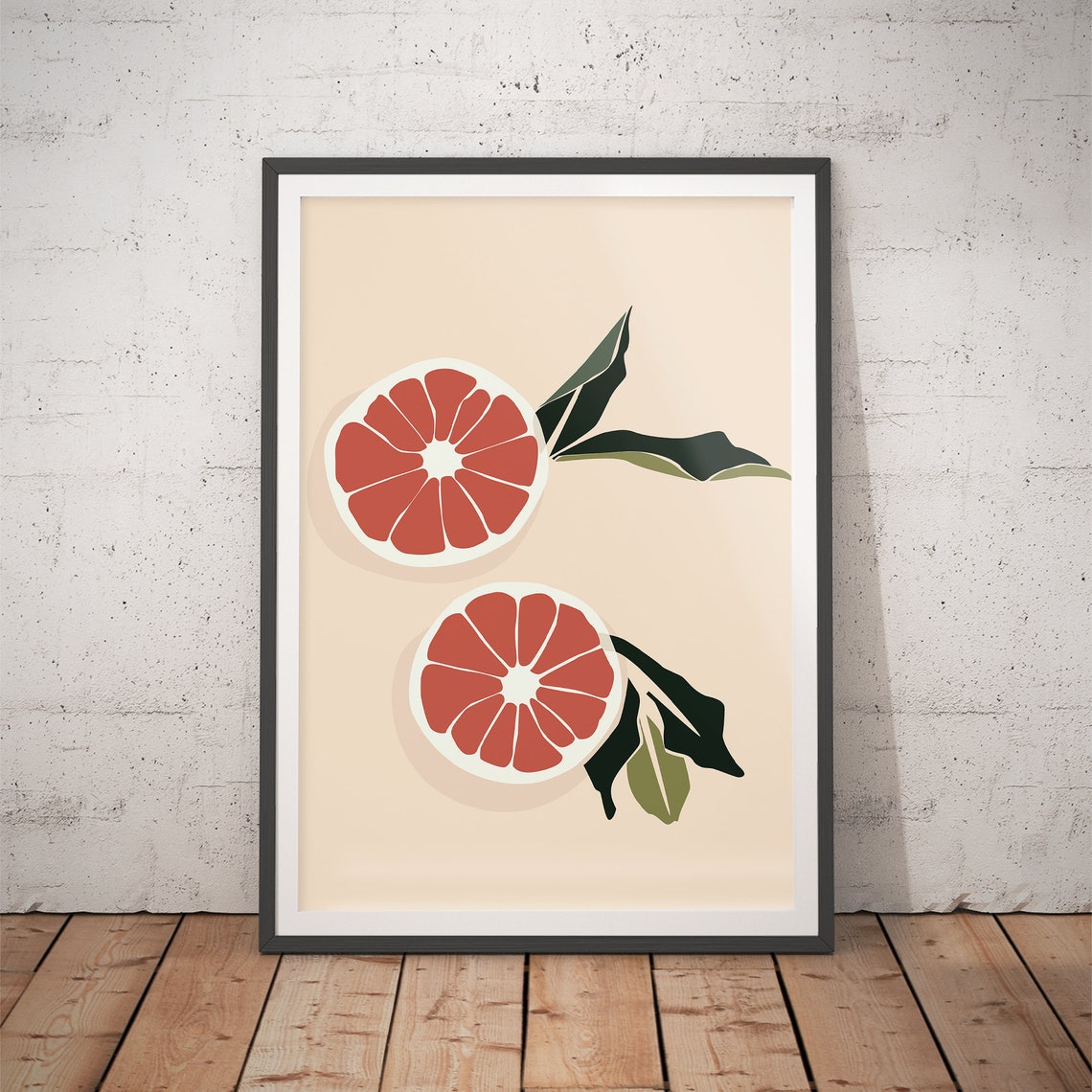 Sliced Grapefruit Pair with Leaves on Cream Kitchen Art Poster