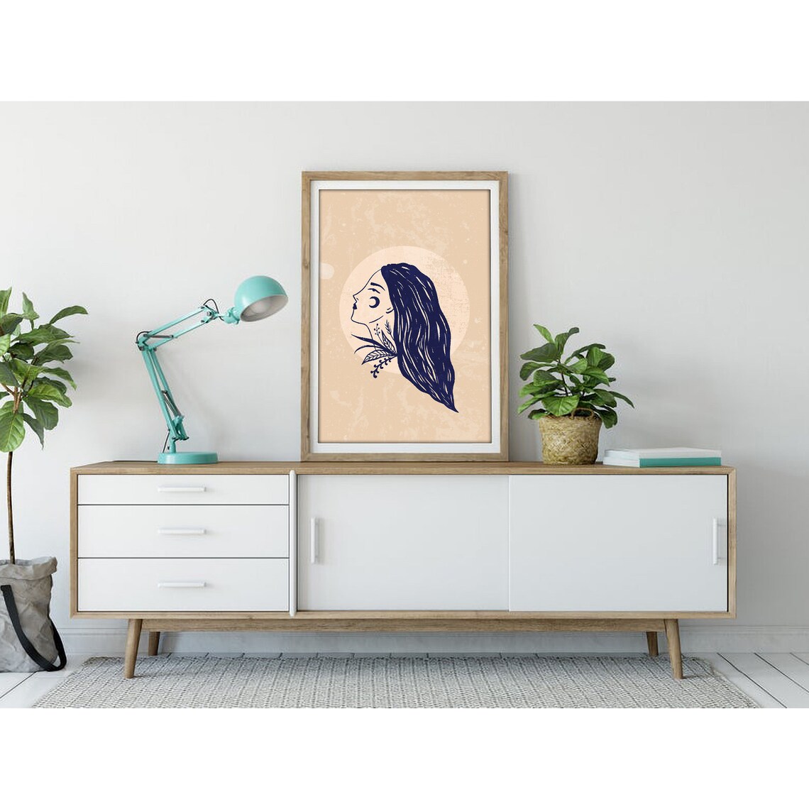 Navy Line Art Woman Profile under Moon Botanical Poster for Modern Home Decor - Image 3