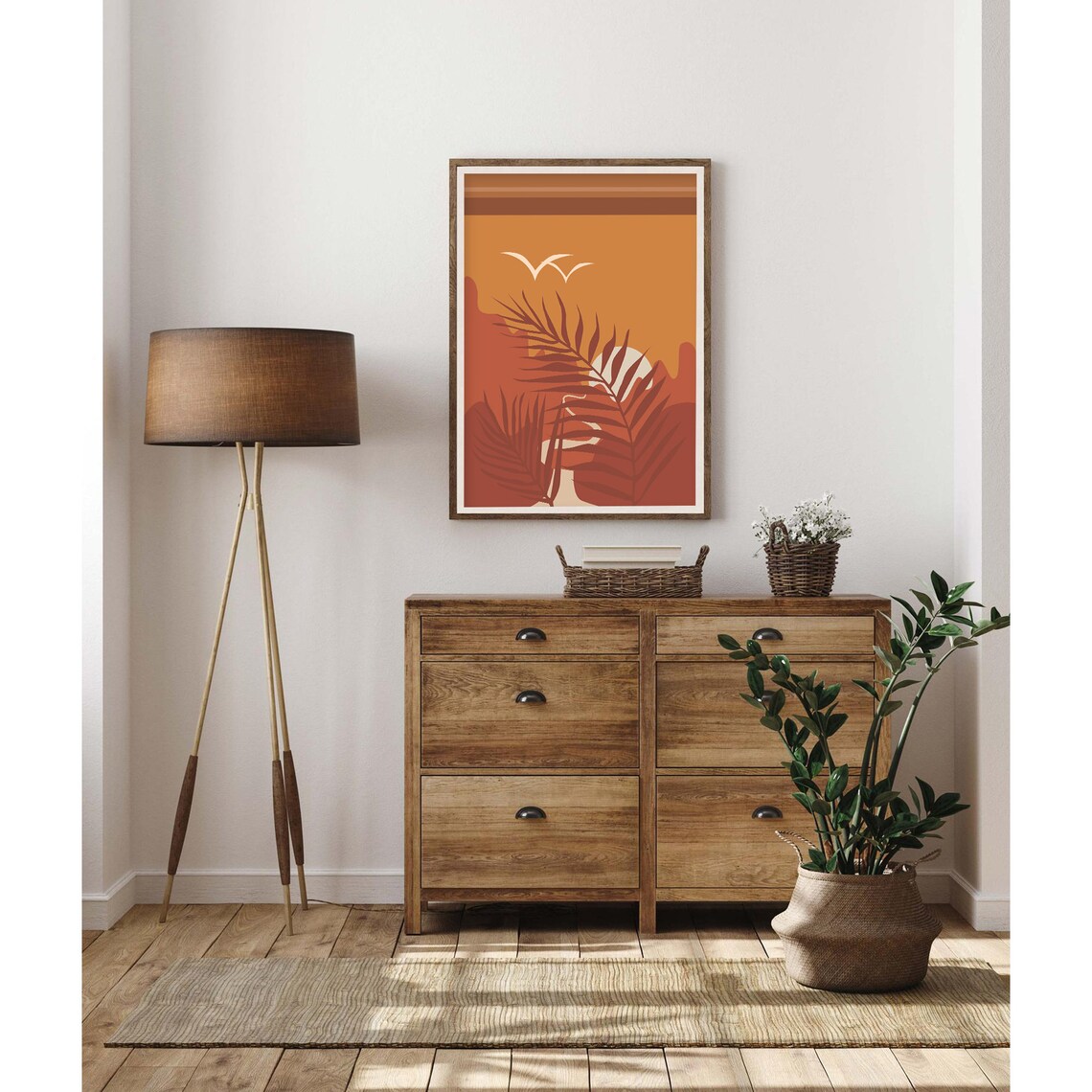 Tropical Sunset with Palm Leaves and Birds Orange Art Poster - Image 2