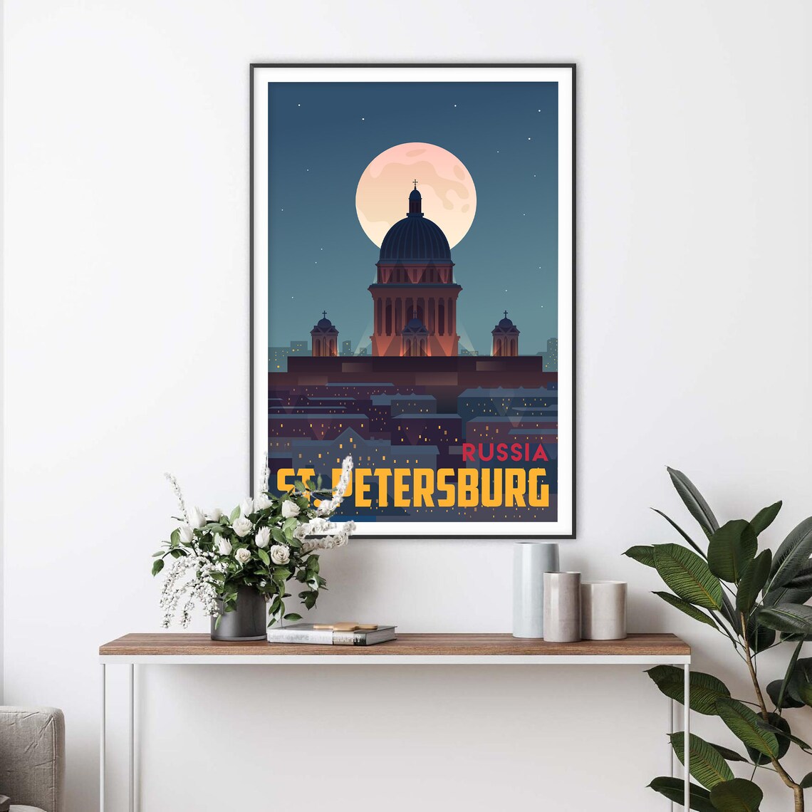 St. Petersburg Russia Full Moon Night Skyline Vintage Travel Poster - Image 2