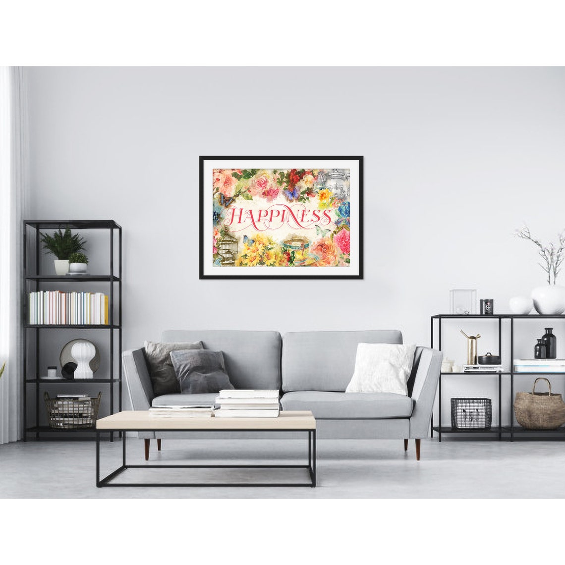Happiness Script Over Watercolor Florals Tea Cup Scene Poster - Image 3