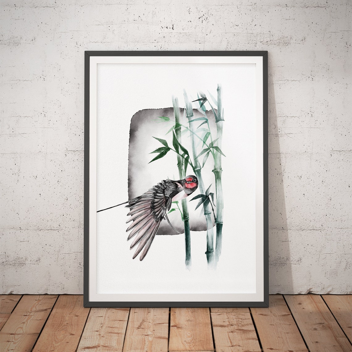 Swallow Diving Through Green Bamboo Japanese Watercolor Poster