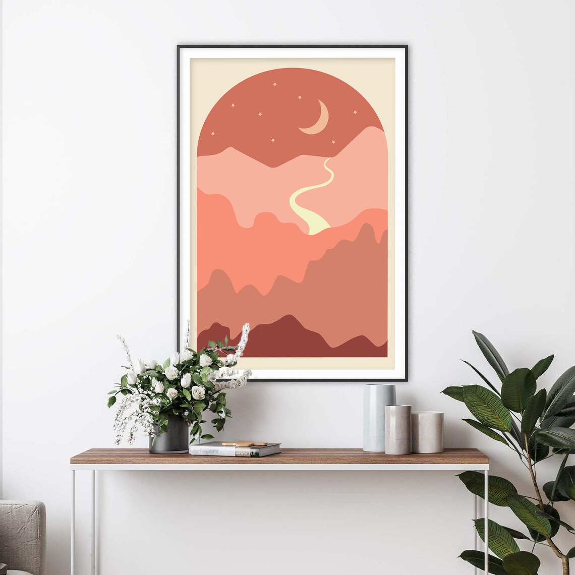 Dusty Rose Night Landscape with Moon and Stars Arched Scene Poster - Image 2