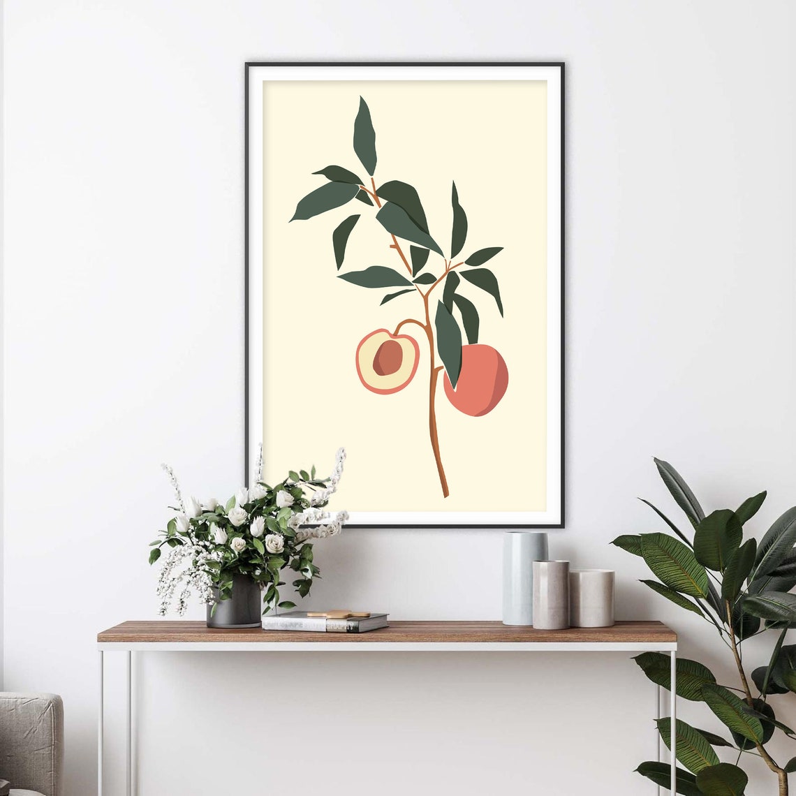Peach Tree Branch with Green Leaves Botanical Illustration Poster - Image 2