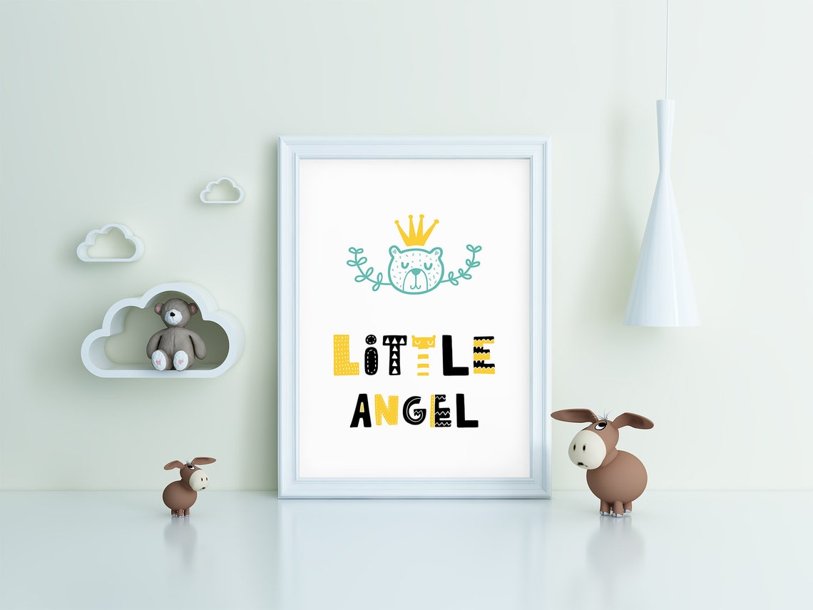 Little Angel Crowned Bear Nursery Poster Yellow Black Kids Room Decor - Image 3