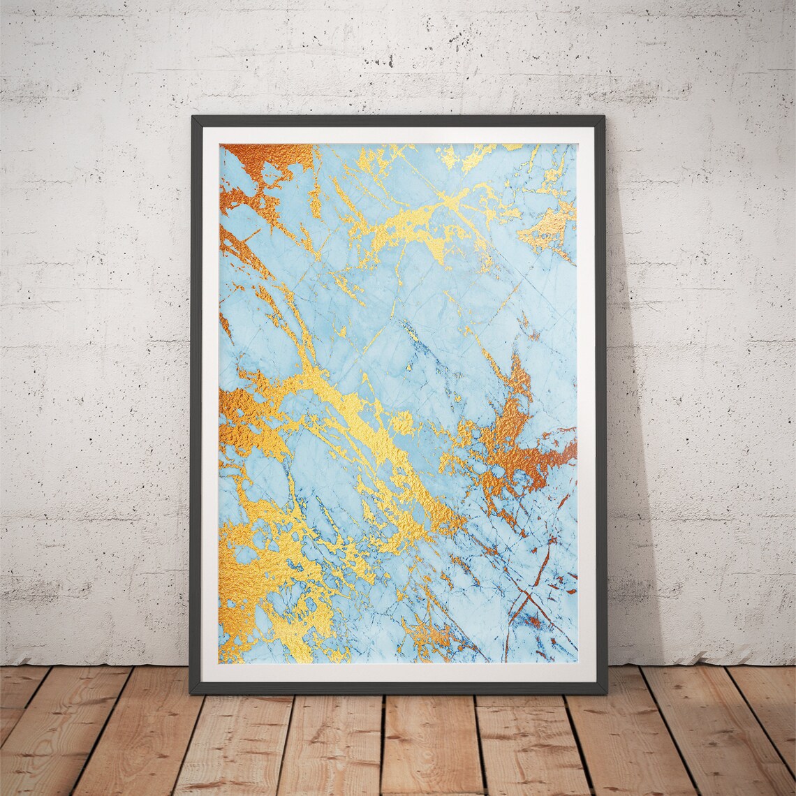 Sky Blue Gold Foil Veins Marble Abstract Contemporary Art Poster