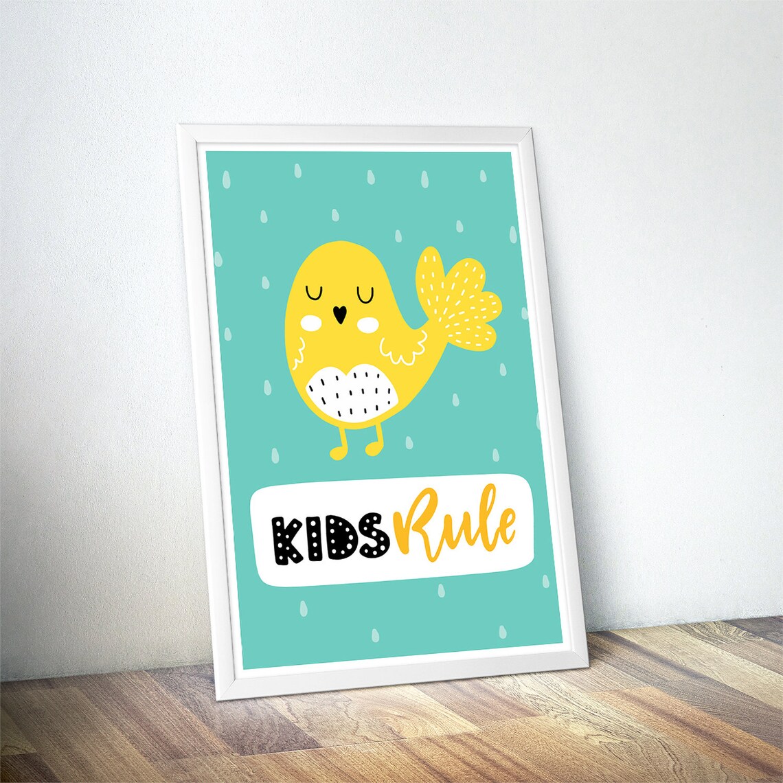 Kids Rule Yellow Bird Nursery Poster Teal Playroom Kids Room Decor - Image 4