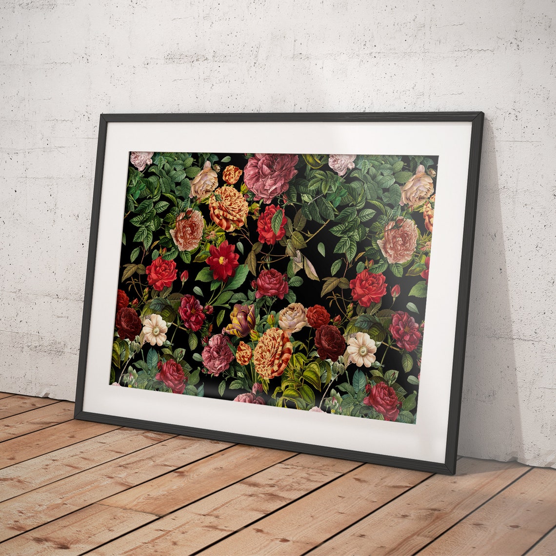 Vintage Deep Red and Crimson Roses on Black Botanical Art Poster - Image 4