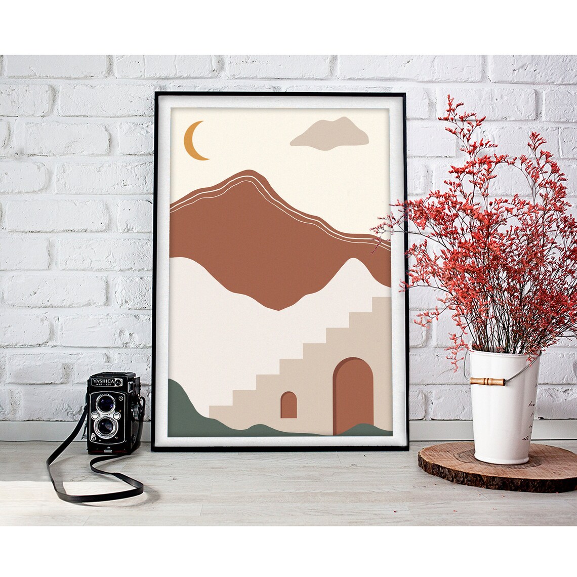 Crescent Moon Over Terracotta Mountain Village Stairs White Poster - Image 2