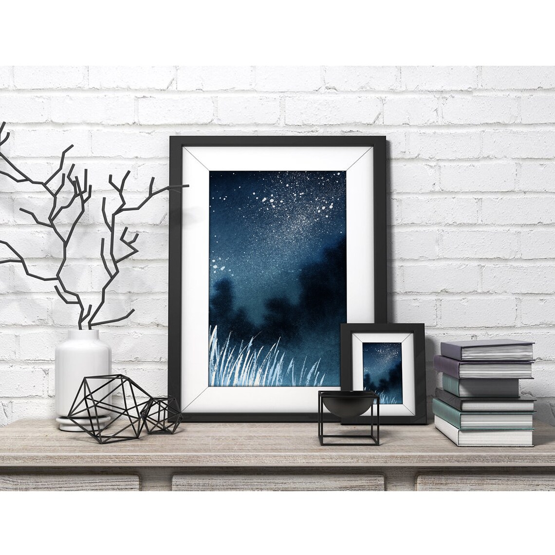 Starry Night Sky With White Wild Grass Watercolor Art Poster - Image 4