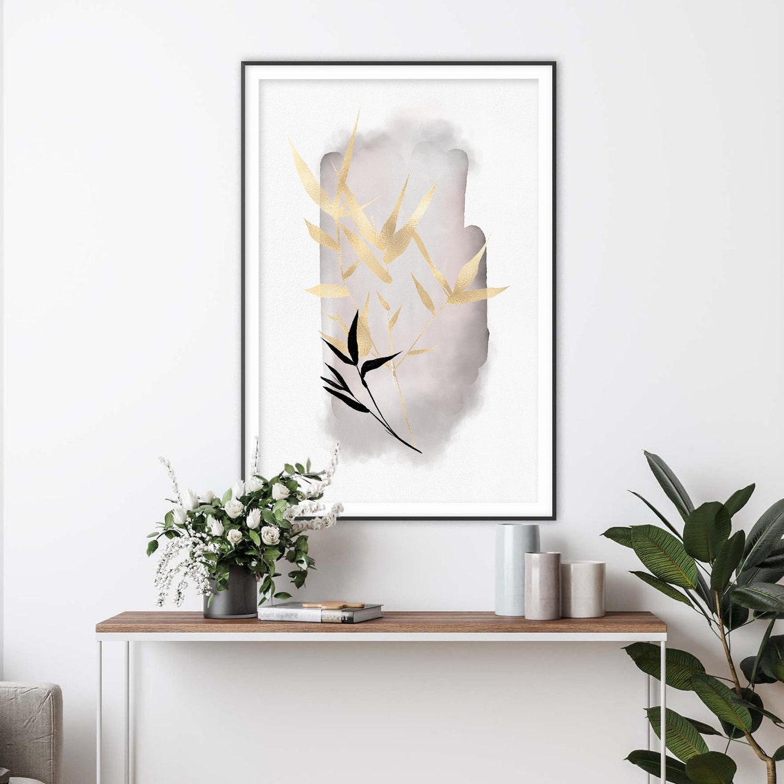 Gold Leaf Branches with Black Accent Japanese Watercolor Poster - Image 2