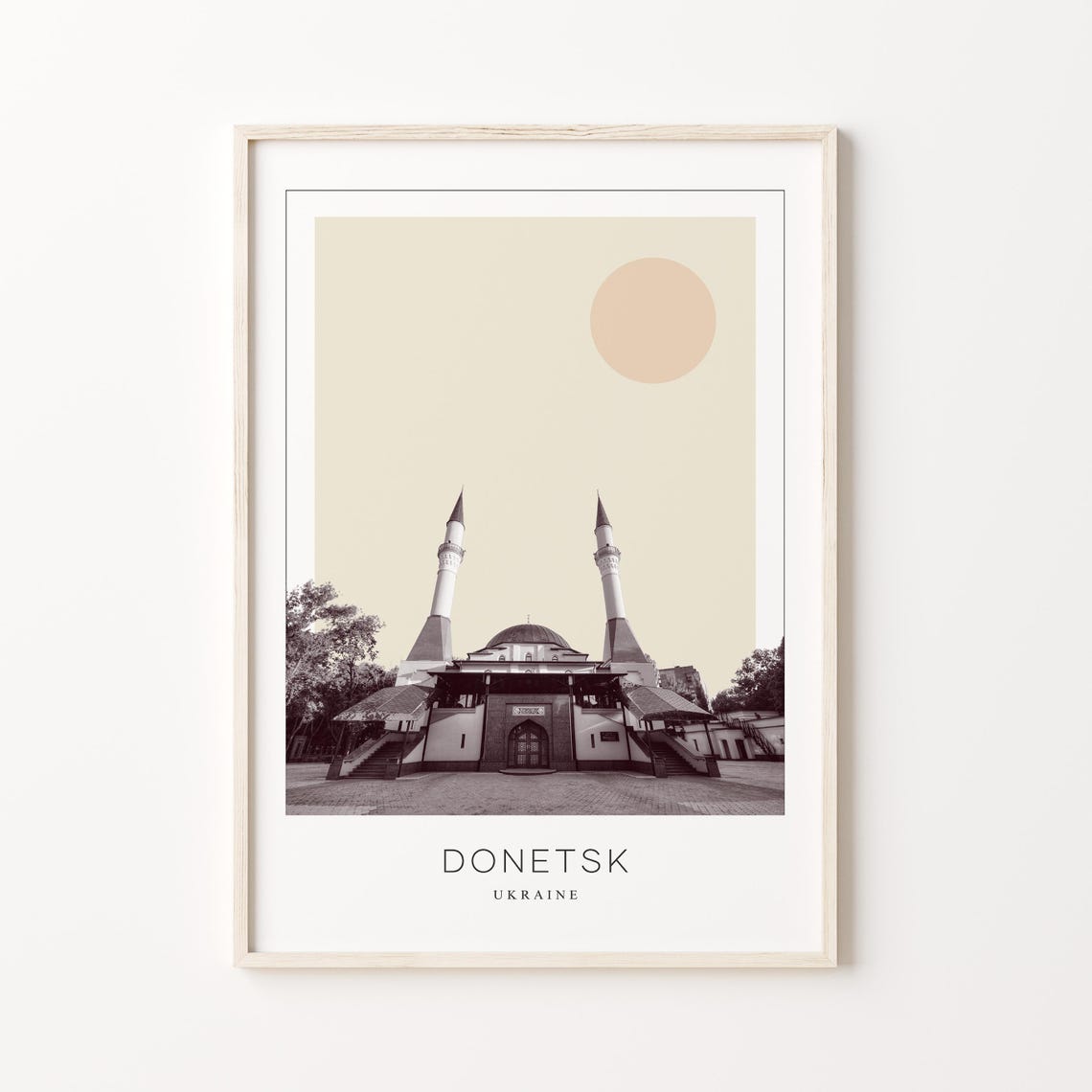 Donetsk Ukraine Grand White Mosque Sunset Minimalist Travel Poster