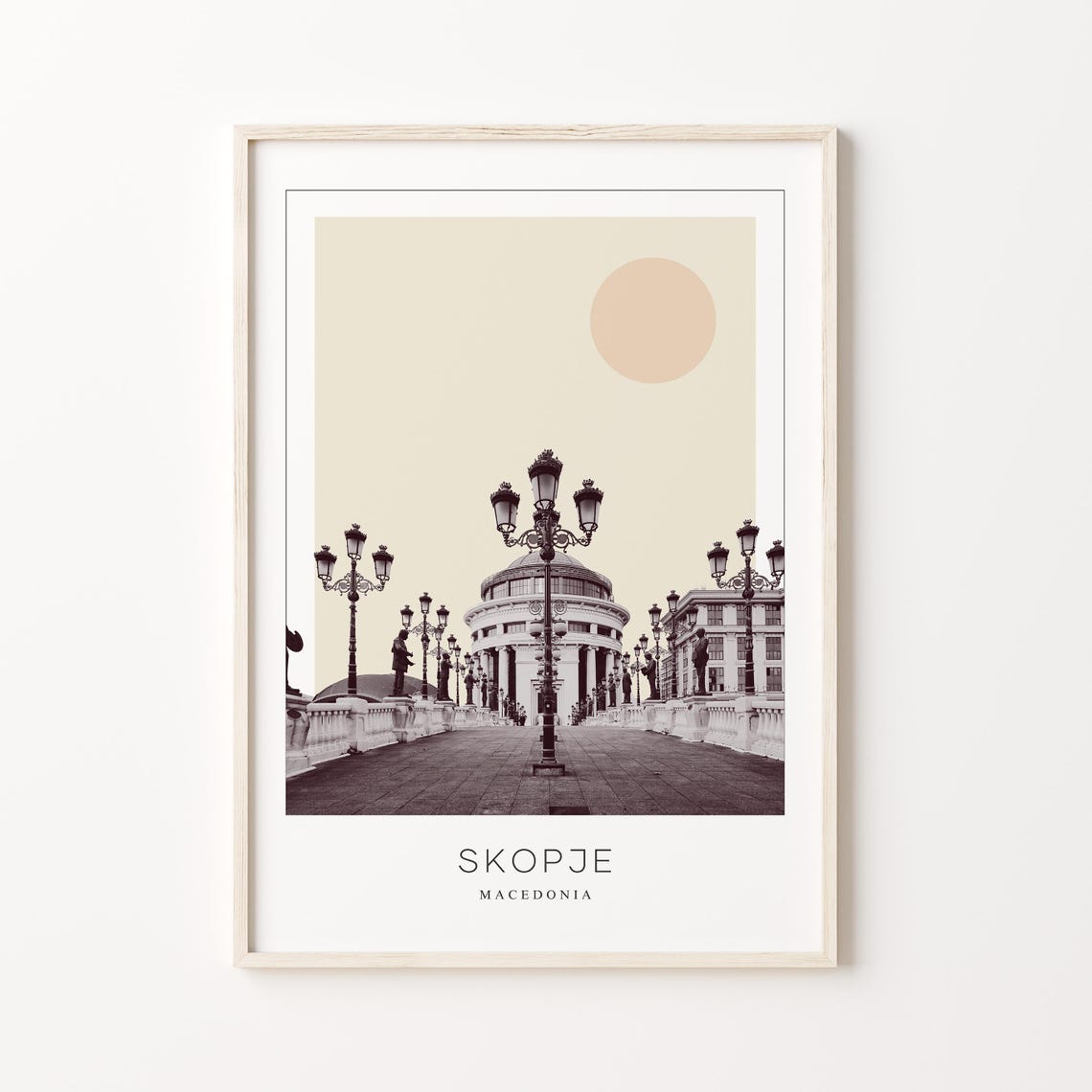 Skopje Macedonia Art Bridge Lamps Statues Minimalist Travel Poster