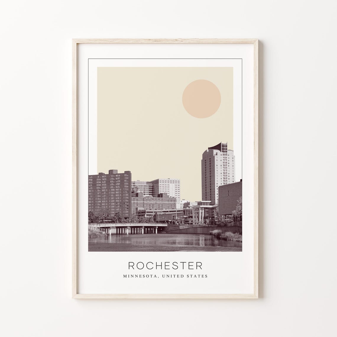 Rochester Minnesota River Downtown Minimalist Sun Travel Poster
