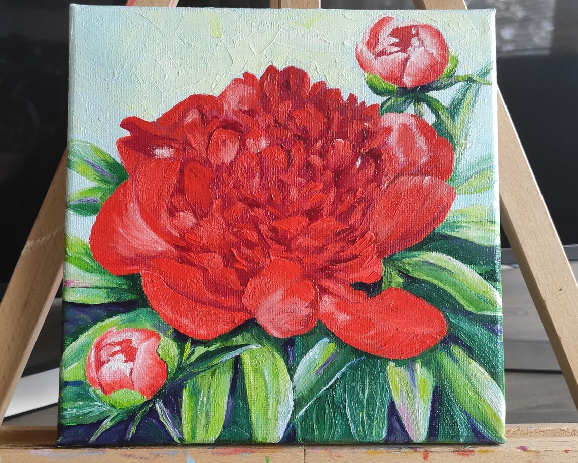 Red Peony Blossom With Buds Close-Up Lush Floral Bloom Art Poster
