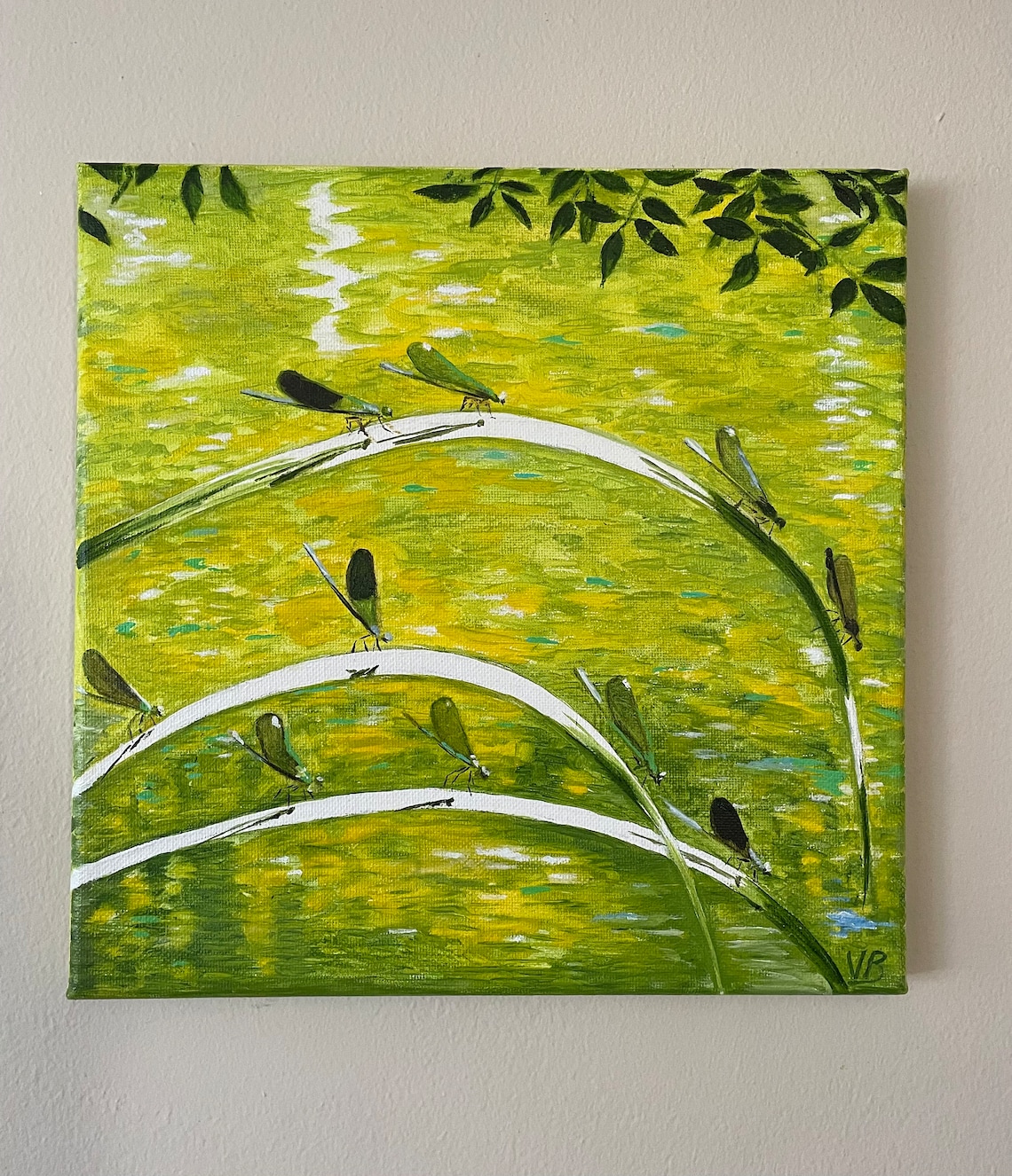 Dragonflies On Reeds Green Lake Water Original Oil Painting Nature Wall Art - Image 4