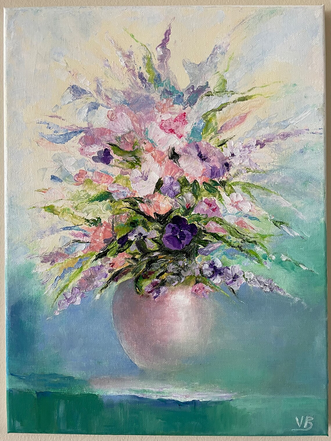 Pastel Purple Pink Bouquet Vase Soft Floral Oil Painting Wall Art - Image 3