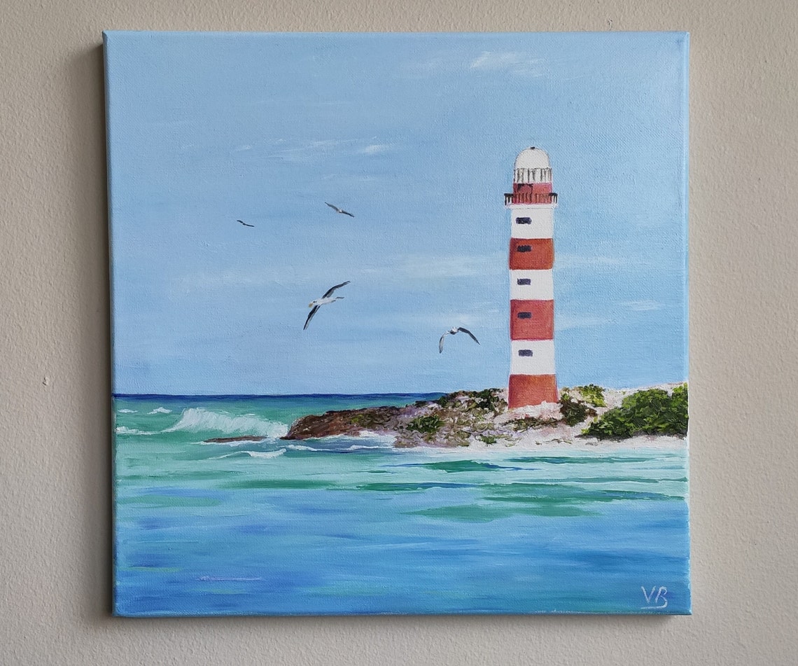 Red White Lighthouse Seaside Seagulls Ocean Nautical Painting Poster