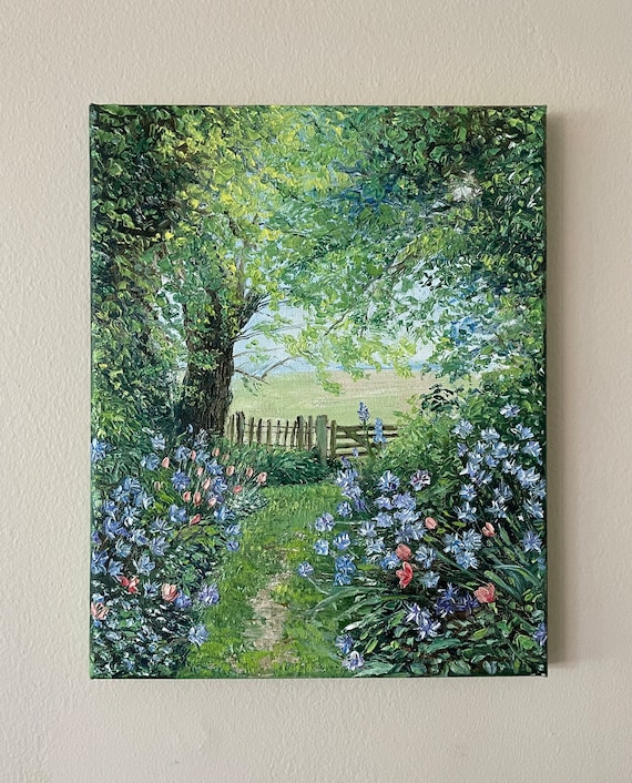 Countryside Gate View Over Open Fields Original Handmade Oil Painting On Garden Gate Landscape Fine Art Gift For Nature Lovers