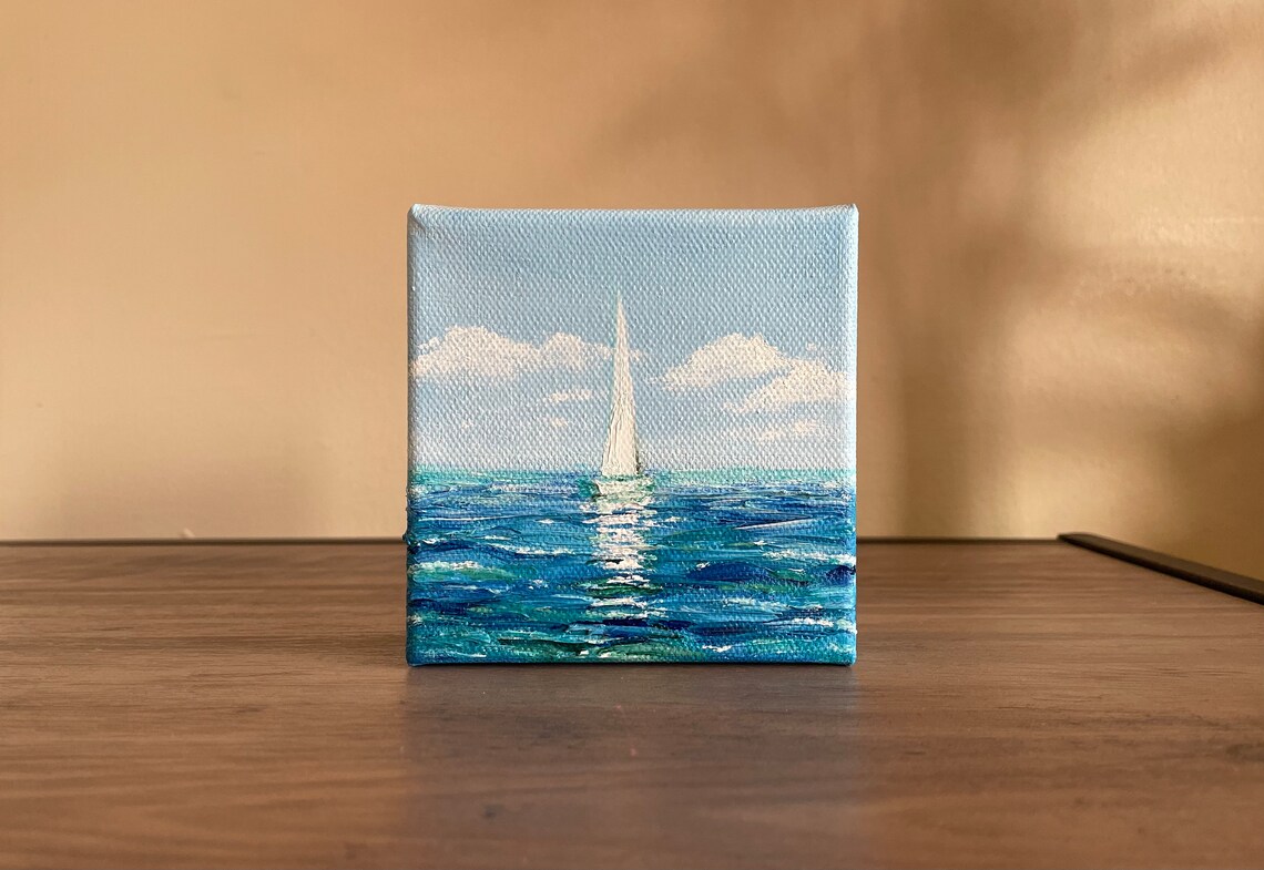 White Sailboat Blue Ocean Waves Original Oil Painting Nautical Wall Art - Image 4