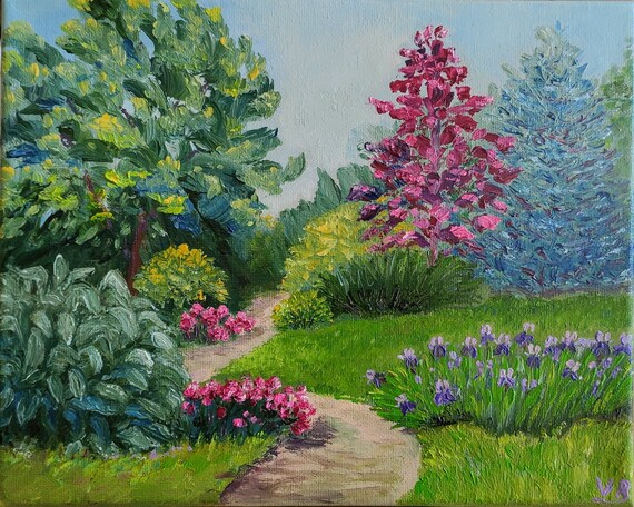 Blooming Garden Park Original Oil Art Painting On Path In The Park Painting Gallery Wall Art One Of A Kind Gift