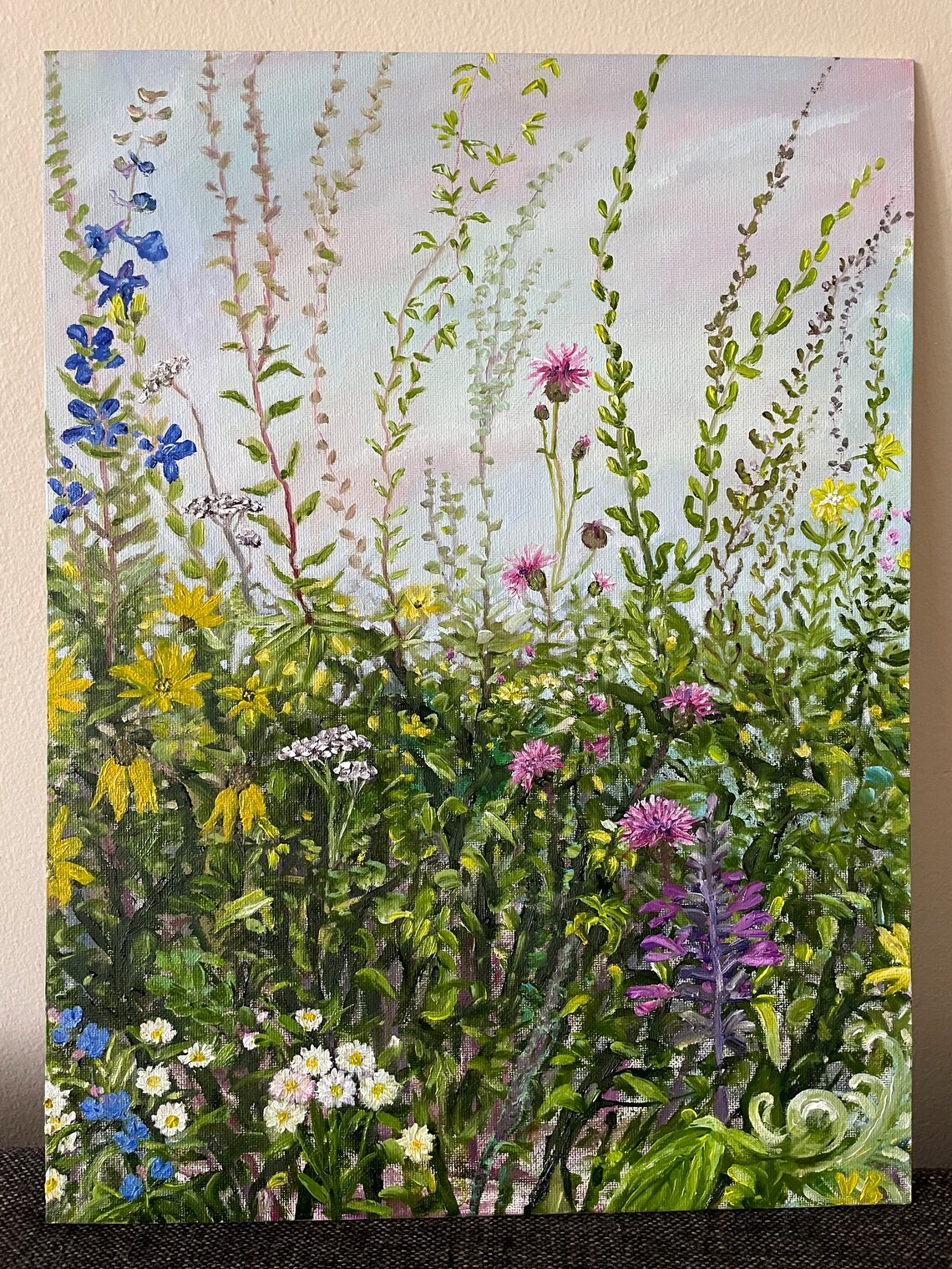 Wildflower Meadow Blue Larkspur Yellow Blooms Valley Oil Painting Art