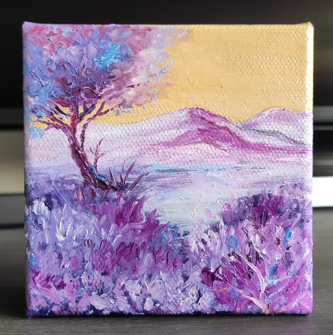 Lavender Fields Purple Mountains Golden Sky Original Oil Painting Wall Art - Image 2