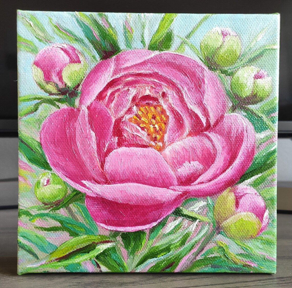 Pink Peony Garden Bloom Buds Original Oil Painting Floral Wall Art - Image 3