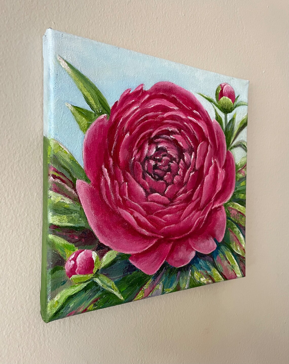 Bright Pink Peony Bloom Spring Garden Floral Oil Painting Wall Art - Image 2