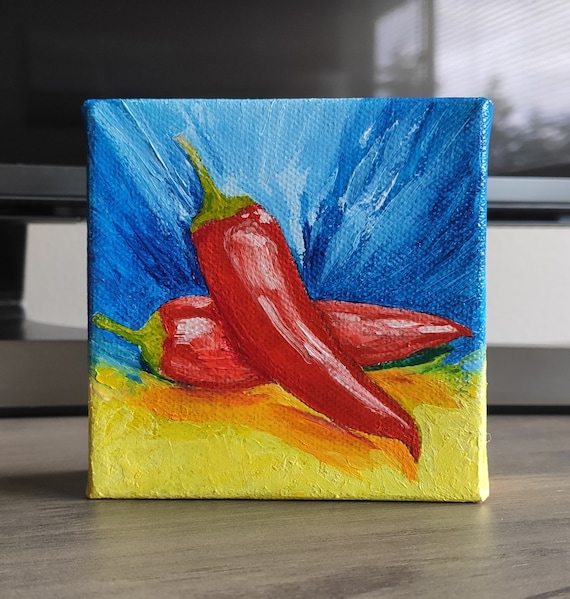 Chili Peppers Original Handmade Oil Painting On Kitchen Vegetables Painting Tiny Food Kitchen Gift One Of A Kind