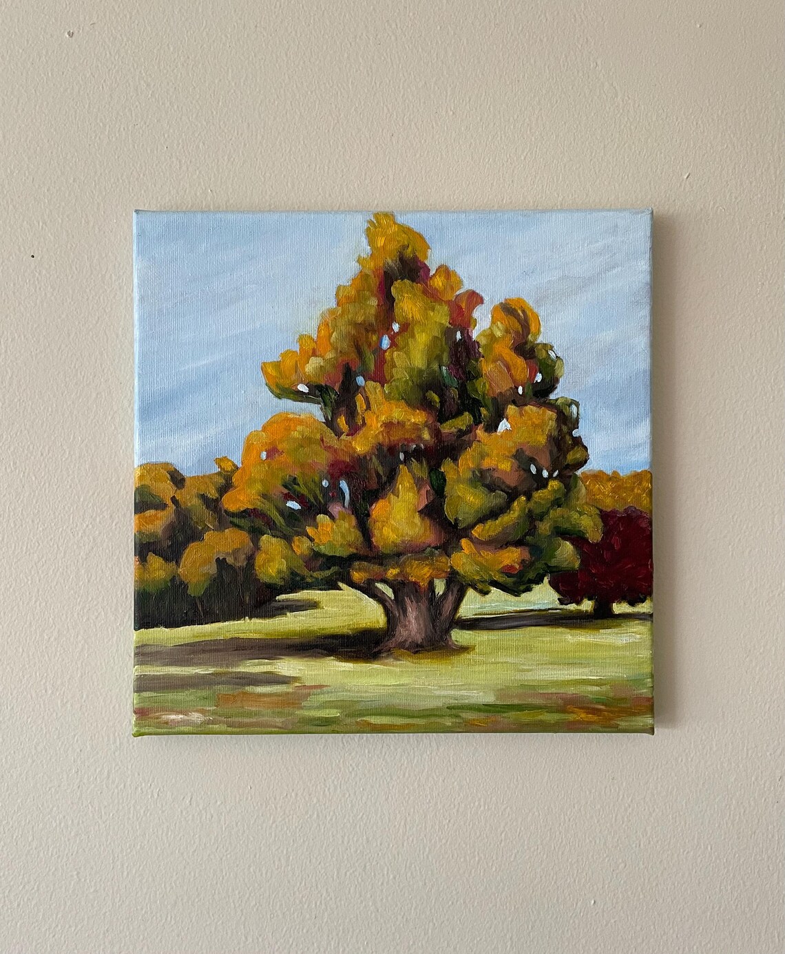 Golden Autumn Oak Tree Park Landscape Original Oil Painting Wall Art - Image 3