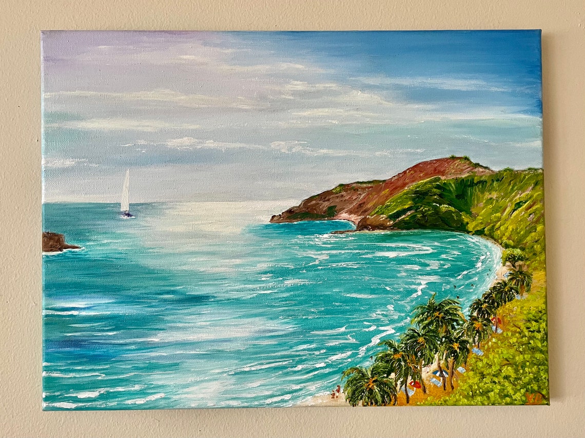 Hawaiian Island Seascape Original Handmade Oil Painting On Hanauma Bay Beach Oahu Painting Nautical Wall Art One Of A Kind Gift - Image 3