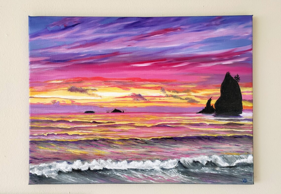 Rialto Beach Sunset Sea Stacks Pink Sky Original Oil Painting Ocean Wall Art - Image 4