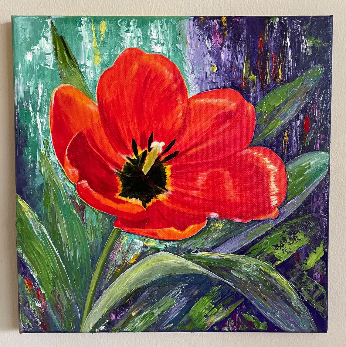 Red Orange Tulip Blossom Garden Bold Floral Oil Painting Wall Art - Image 4